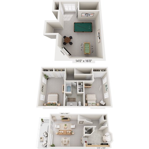 A set of three floor plans for a house with dimensions.